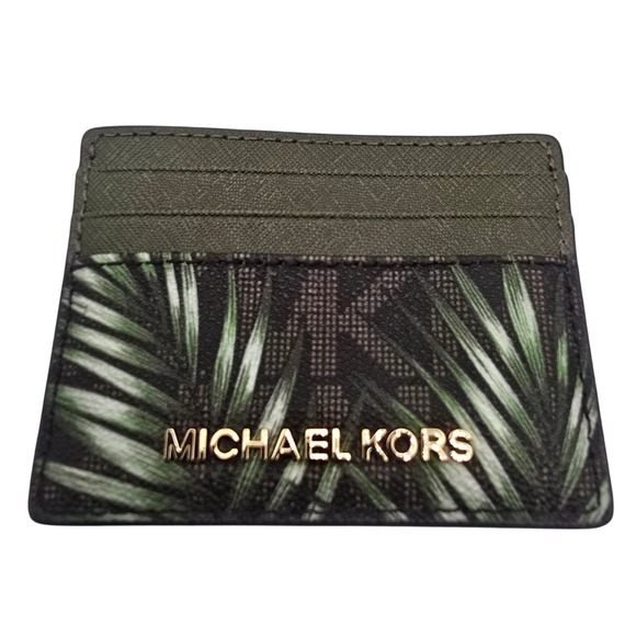 Accessories - Michael Kors Card Holder Palm Leaf Print Khaki Gold Tone ID Window